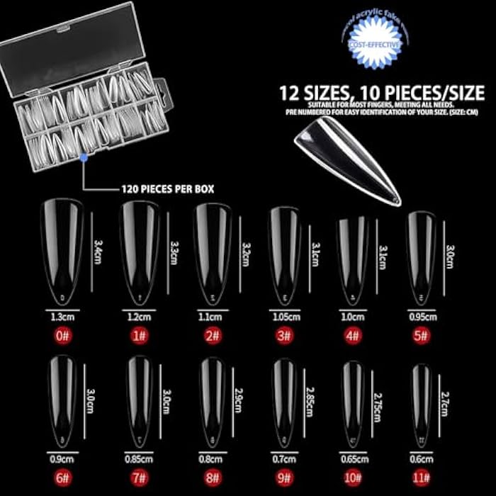 Long Stiletto Fake Nail Tips 500 Pcs Clear Acrylic Nails Full Cover Press on Nails for Nail Art Salon and Home DIY Quickly Extend Nails 12 Sizes - Image 2